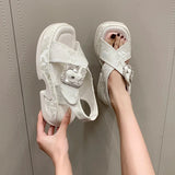 Fashion Crystal Buckle Platform Sandals Women Pink Embroidery Thick Heels Sandalias Mujer Comfortable Heightened Rome Sandals