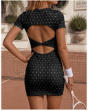 Retro Polka Dot Sports Tennis Dresses Women Quick Drying Round Neck Short Sleeve Back Hollow Cross Slim Yoga Golf Fitness Dress