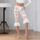 Women Summer Lace Ruffle Capri Leggings Solid Color Sheer Mesh Elastic High Waist See Through Pants