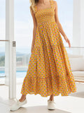 Women Summer Bohemian Floral Print Sundress Smocked Square Neck Sleeveless Backless A-line Long Tiered Ruffle Dress with Pockets