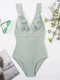 2026 Ruffle Swimsuit One Piece Solid V-neck Backless Swimwear Women Bathing Swimming Swim Suit Female Padded Beach Wear Summer