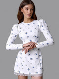 Ahagaga Elegant Women's Mini Dresses Print Heart-shaped Cutout Slim Fit A-Line Regualr Long Sleeves Trend O-Neck Lace Patchwork