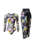 S - XXL Printed Long Sleeve With Sarong One Piece Swimsuit Women Swimwear Female Flowers Padded Bather Bathing Suit Swim K7181