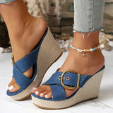 Denim Cross Stap Wedge Heeled Sandals Women Summer Peep Toe Chunky Heel Slippers Woman Plus Size 43 Slip On Platform Sandles