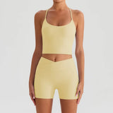 Yoga Shorts Sets Women Hanging Neck Hollow Back Sports T Shirts Sportsuit Gym High Waist Pocket Pants Fitness Workout Clothes
