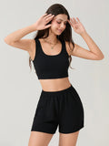 Women 2 Piece Sets Summer Fitness Short Sets Sleeveless Square Neck Crop Vest + Loose Shorts Casual Tracksuits