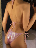 Sparkling Glitter Halter Bow Bikini Female Swimsuit Women Swimwear Two-pieces Bikini Set High Cut Bather Bathing Suit Swim Lady