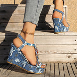 Bohemian Style Printed Wedges Sandals Women 2026 Summer Slip On Chunky Heels Sandles Woman High Heel Platform Sandalias Mujer