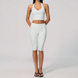 New Summer Women White Polka Dot Print Yoga Sets Hanging Neck Slim Sport Vest High Waist Mid Pants Gym Two-piece Workout Clothes