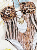 Sexy Brown Leopard Print Swimwear 2026 Women Metal Ring Linked Hollow Out Bandage Cross Bathing Suit One Piece Swimsuit Monokini
