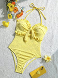 S - XL Floral Print Strapless Ruffled Frill Female Swimwear One Piece Swimsuit Women Monokini Bow Knotted Bathing Suit Swim Lady