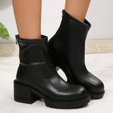 Fashion Thick Heels Ankle Boots Women 2025 Back Zipper Plus Size 35-42 Pu Leather Boots Woman Round Toe Platform Booties Mujer