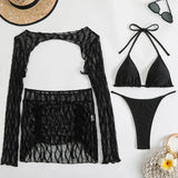 Toucheart Sexy Lingerie Suit for Women Mesh Four-piece Beach Swimsuit Sexy Bikini Solid Color Long Sleeves Mesh See-through Set