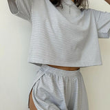Women's Sleepwear Knitted Striped Pajamas Loose Short Sleeves Shorts Suit Fashion Exterior Loungewear Women