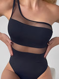 2026 Mesh Swimsuit One Piece Shoulder Sexy Solid Swimwear Women Black Bathers Bathing Swimming Swim Suit Beachwear Summer XXL