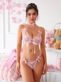 Sexy Women Transparent Low Waist Lace Transparent Thong Lace Trimmed Mesh Splicing Bowknot Strap Bikini For Woman Elegant ZS5J