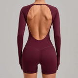 Women's Yoga Jumpsuits Sports Fitness Hip-lifting Long-sleeved Backless Running Training Workout Gym Shorts One-piece Bodysuits