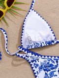 New Blue Floral Print Bikini Set Women Halter Push Up Bra Hollow Out Thong Swimsuit 2026 Summer Bathing Suit Holiday Swimwear