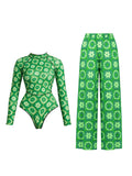 Long Sleeve Printed Swimwear Women One Piece Swimsuit With Pants Lady Sexy Swimming Suit Fashion Female Beachwear Pool Outfits