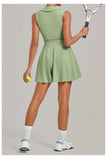 Summer Women Solid Tennis Dresses Sleeveless Turn Down Collar Pleated Skirts with Detachable Pocket Shorts Slim Yoga Golf Dress