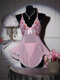 Pink Transparent Ultra Thin Hot Nightgown Women's Pajamas With Thongs Lace Mesh Dress For Sex V-Neck Backless Sexy Lingerie