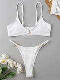 Sexy Ribbed Metal Rings High Cut Bikini Female Swimsuit Women Swimwear Two-pieces Bikini Set Micro Thong Bathing Suit Swim Lady