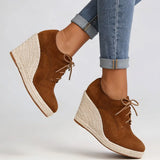 2026 Big Size 43 Vintage Brown Black Pointy Toe Lace-up High Heels Espadrilles Pumps Comfy Walk Office Lady Wedges Shoes Women