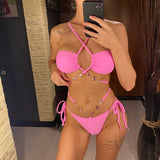 Sexy Diamond Rhinestones Wrap Around Bikini Female Swimsuit Women Swimwear Two-pieces Bikini Set Bather Bathing Suit Swim V5167