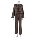 Women Silk Satin Pajama Set Deep V Neck Long Sleeve Lace Trim Tie Front Top Pants Soft Loungewear Elegant Home Sleepwear Night