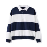 Women Long Sleeve Spring Fall Lapel Collar T-shirts Striped Contrast Color Loose Pullovers Streetwear Tops