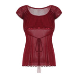 Women Summer Y2K Aesthetic Tops Lace Trim Cap Sleeve Low Cut Shirts Vintage Casual Sexy Tops and Blouses Female