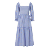 Women Spring Fall Long Dress Long Sleeve Dress Square Neck Embroidery Flower Loose Swing Dress Wit Pocket