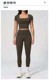 2PC Color Contrast Yoga Suit Women Short Sleeve Square Collar Slim Sports Top Fitness Suits Outdoor Exercise Leggings Tracksuit