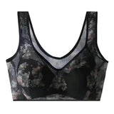 Women Bra Mesh Thin Floral Print Mid-aged Wide Shoulder Strap Wireless Anti-snagging Push Up Seamless Mother Bra