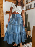 Women Summer Denim Skirt Casual Solid Color Ruffled Hem High Waist A-Line Jeans Skirt for Club Streetwear