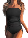 2026 Strapless Drawstring Swimsuit One Piece Solid Black Swimwear Women Sexy Bathers Bathing Swimming Swim Suit Female Beachwear