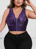 New Arrival Plus Size Sexy Purple Embroidered Lingerie, Plunge Push-up Bra with Front Zip