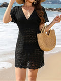 S - XL Short Sleeve V Neck Crochet Knitted Tunic Beach Cover Up Cover-ups Beach Dress Beach Wear Beachwear Female Women V5314