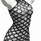 Sexy Mesh Halter Neck Hollow Out Open Crotch Dress With Exposed Chest And Sheer For Women Off-the-shoulder Mini Dress Charm RCIJ