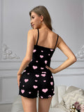 Women Pajama Set Summer Sleepwear Heart Love Pattern Cami Tops and Shorts Set Loungewear Soft Comfy Nightwear