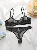 Women's transparent sexy lingerie set with striped lace and steel rims, push up bra paired with seamless thong set YS2864
