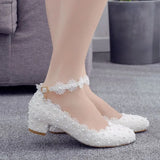 Women 3CM High Heels White Lace Pearl Wedding Shoes Sexy Bride Party  Pointed Toe Shallow Mouth Pumps Shoe Bridesmaid  Pink