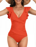 2026 Sexy Ruffle Swimsuit One Piece V-neck Drawstring Swimwear Women Bathers Bathing Swimming Swim Suit Female Beachwear XXL