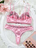 Girls' fashion satin lace patchwork bra set. Sexy lace sheer net lingerie set for ladies. Two-piece set.