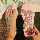 Summer Bling Butterfly Diamond Flat Sandals for Women Luxury Pearl Elastic Band Woman Sandles Plus Size Woman Sandals