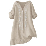 Womens V Neck Embroidered Linen Tunic Shirt Roll Up Sleeve Button Down Loose Fit Casual Boho Blouse Vintage Summer Beach Shirts