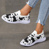 Plus Size 43 Printed Knitted Flats Shoes Women 2026 Breathable Mesh Soft Sole Sneakers Woman Comfy Non Slip Casual Sport Shoes