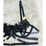 Toucheart Black Sexy See-through Mesh Interesting Hollow Out Underwear Skinny High Waisted Patchwork Steel Ring Underwear Set