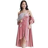 Gold velvet pajamas, autumn and winter sexy suspender nightgown, nightgown set with chest pad, large size home clothes
