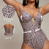 S - XL Printed Underwired V Neck Women Swimwear One Piece Swimsuit Female Lace Up High Leg Cut Bather Bathing Suit Swim V7552